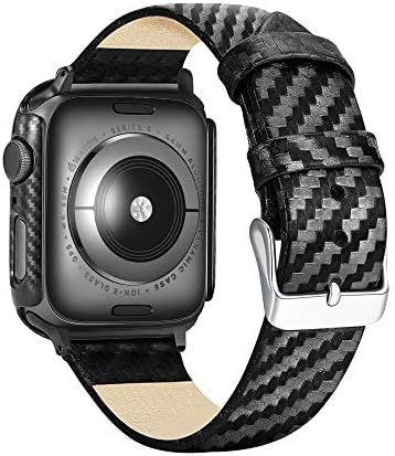 SomeSame תואם לפס שעון Apple 44 ממ סיבי פחמן חליפת פס עור אמיתי עם רצועת ספורט החלפת מארז מגן לסדרה IWatch 6 5 4 & SE & SE2