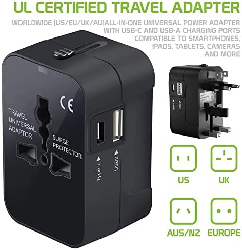 Travel USB פלוס מתאם כוח בינלאומי התואם ל- LG Q8 עבור כוח עולמי לשלושה מכשירים USB Typec, USB-A כדי לנסוע בין ארהב/איחוד האירופי/AUS/NZ/UK/CN