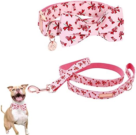 צווארון כלבים של יום האהבה - צווארון כלבים ורוד כותנה עם רצועת קשת סט סוכריות בעבודת יד לכלבים קטנים בינוניים גדולים