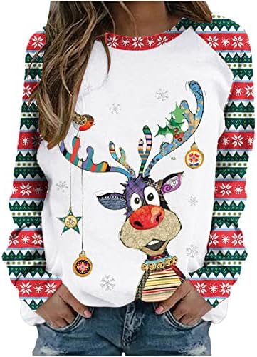 נשים צבע בלוק קרוע בסוודרים חג המולד צווארון עגול סווטשירט ארוך שרוול הדפסת חג מקרית חולצות חולצות