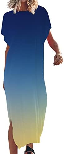 נשים מקרית רופף קצר שרוול ארוך שמלת פיצול מקסי קיץ חוף שמלת שיפוע מודפס או צוואר חוף זורם שמלה קיצית