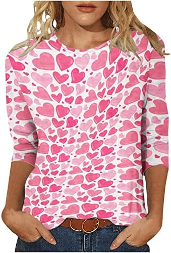 חולצות ליום האהבה לנשים אוהבות הדפס לב 3/4 חולצת חולצה חולצה חולצה אופנתית צוואר עגול טוניקה חולצות טי.