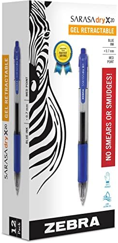 עט זברה סראסה יבש 20 עט ג ' ל נשלף, נקודה בינונית, 0.7 מ מ, דיו כחול, 12-מארז