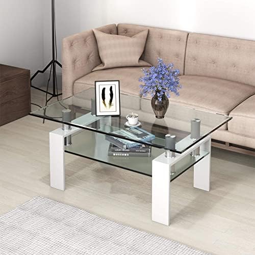 שולחן קפה מלבני מזכוכית טנגקולה, שולחן קפה צדדי מודרני עם מדף תחתון, שולחן זכוכית מחוסמת ורגלי מתכת, מתאים למשרד בסלון
