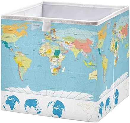 סלי אחסון מפות עולמיים למדפים פחי קופסאות אחסון מתקפלות מתקפלות עם פחי בד מארגנים צעצועים לקוביית חדר אמבטיה משתלת בד אמבטיה, 16X11 אינץ '