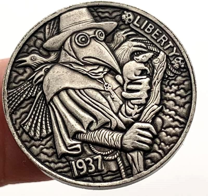 1937 אמריקאי תועה עורב מחודד חולדה פליז כסף ישן 21 ממ אוסף מטבע זיכרון מלאכה ציפור ציפור מטבע כסף מטבע