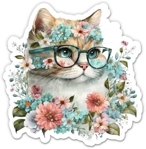 חתול בכוסות עם מדבקת פרחים - מדבקת מחשב נייד בגודל 5 אינץ ' - ויניל אטום למים לרכב, טלפון, בקבוק מים - מדבקות חתול פרחוניות