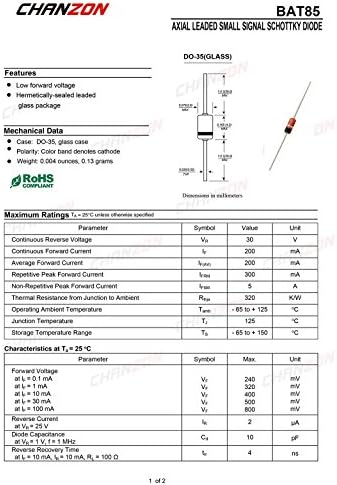 Chanzon Bat85 Schottky מחסום מיישר דיודות 200mA 30V DO-35 צירי 0.2A 30 וולט דיודה מיתוג אות קטן