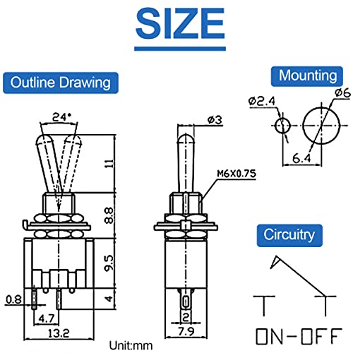 DAOKAI 10 PCS SPST MTS-101-MZ MINI מתג TOGGLE מתג 2 מיקום/כיבוי כפתור מיניאטורה 125VAC 6A עם כובע וחוט אטום למים