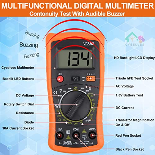 מולטימטר דיגיטלי, מולטימטר עם בודק AC DC Voltmeter & OHM VOLT AMP, בודק סוללות רב -תכליתי, מד כיס עם תאורה אחורית, מיקום בלוק מסוף 8, 12 יחידות חסימת מסוף חסימת קרקע חסימת מסוף