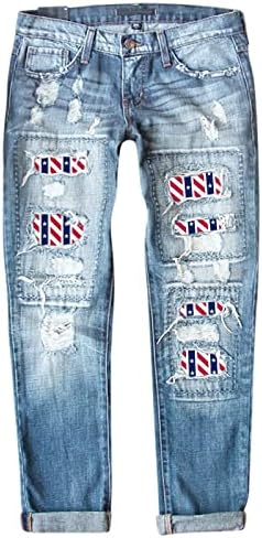נשים ארוך מכנסיים נשים ג 'ינס עצמאות יום הדפסת קרע מכנסיים ג' ינס נשים