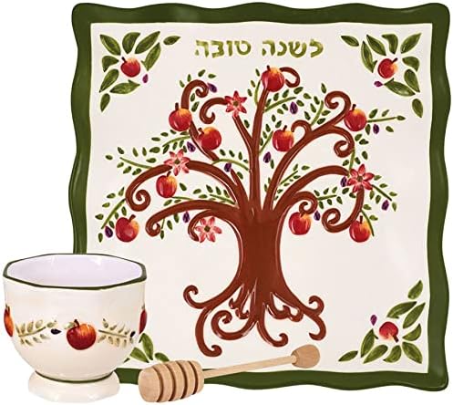 סקרלט גן תפוח עץ של חיים צלחת עם דבש קערת צלחת מצקת עוצב על ידי ג ' סיקה ספורן מושלם ראש השנה יהודית חדש שנה מתנה