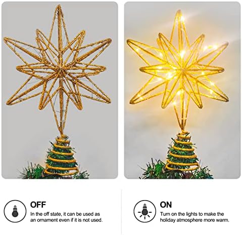 Wei-Secret עץ חג המולד קישוטי כוכבי טופר ， 7.8 אינץ 'שהוכנסו לקישוט אורות חג המולד ברזל, עם 20 חרוזי LED כוכבי זהב ， מתאים לבית, למשרד, לכוכב עץ המסיבה