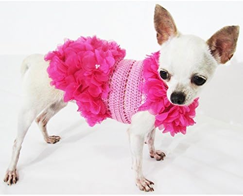 שמלת כלבים ורודה סרוגה עם פנינים פרחים בגדי חיות מחמד ייחודיים 14F