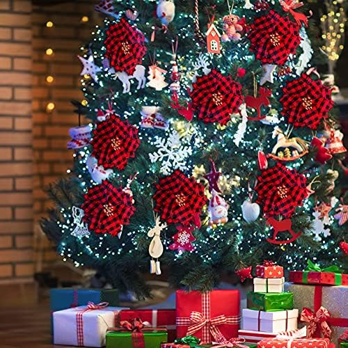 10 חתיכות משובצות בופלו משובצות פוינסטיאס מלאכותיות פרחי חג המולד קישוטי עץ חג המולד לקישוטים לחתונות עץ חג המולד קישוטי חג, 5.9 אינץ '