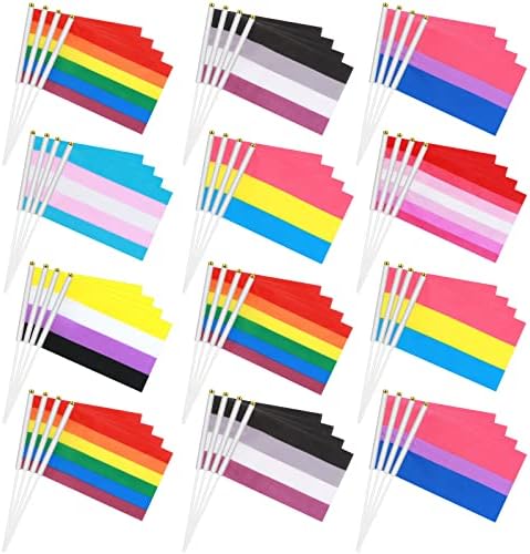 200 יח 'קשת דגל גאווה סט דגלים קטנים מיני הומוסקסואלים דגלים ביד דגלים דו -מיניים טרנס -לסביים דגלים דהייה דהייה ועמידה לקישוטי מסיבות להטבים לא -מיניים, 5.5 x 8.3 אינץ'