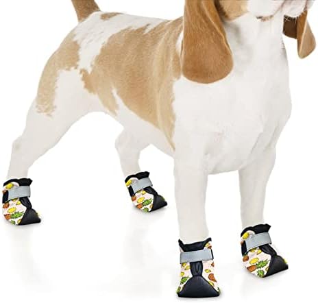 נעלי כלבים קטנות של DDFS לחורף אננס הדפס שלל לכלבים כפות, קל להפעיל/לכבות מגפי כלבים אטומים למים ומגני כפות ללקק, 4 יחידות/סט