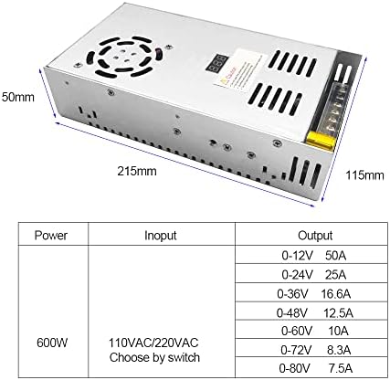 ZJIVNV 600W מתח מתכוונן אספקת חשמל 12V 50A ממיר AC 110V-220V ל- DC 0-12V מודול מתג עם שנאי רגולטור תצוגה דיגיטלי לרדיו LED LED CCTV