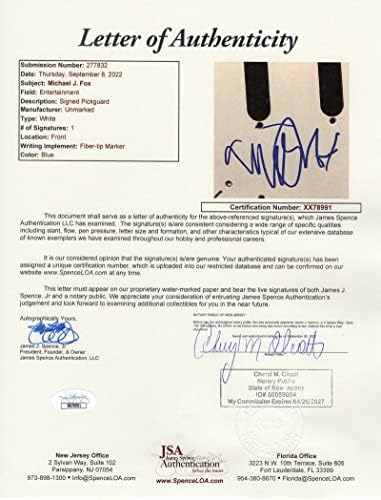 מייקל ג 'יי פוקס חתם על חתימה בגודל מלא פנדר שחור סטראטוקסטר גיטרה חשמלית ב / ג' יימס ספנס מכתב אותנטיות ג ' יי. אס. איי קואה - מרטי מקפליי בחזרה לעתיד, קשרי משפחה, זאב נוער, ספין סיטי, סטיוארט ליטל,