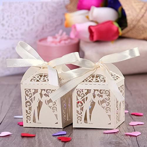Yfqhdd זוג עיצוב Lase Cut חתונה ממתקים קנדי ​​מתנה קופסאות לטובת קופסאות עם קישוטים לשולחן סרטים