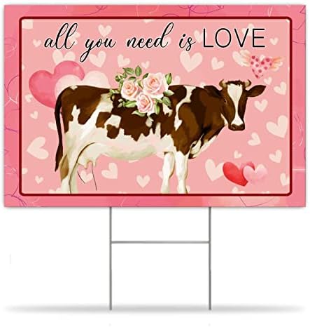 כל מה שאתה צריך זה אהבה, שלטי פרה של יום האהבה, שלט חצר בהתאמה אישית עם כתם, הדפס דו צדדי המיוצר בארהב.